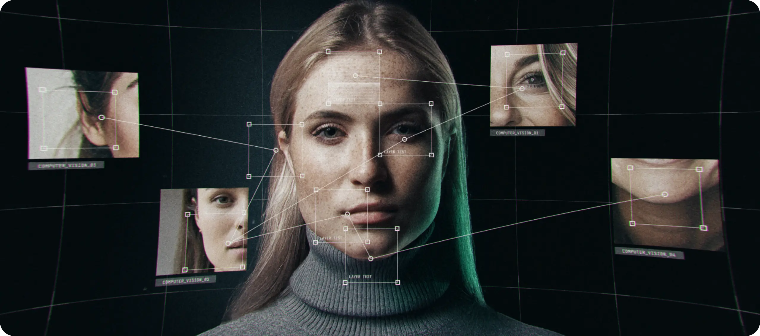 Portrait of a woman with facial recognition technology overlay highlighting facial features like eyes, ears, and mouth.