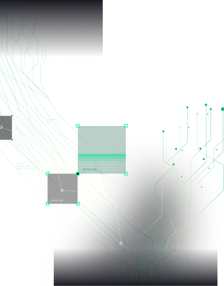 Abstract digital interface with green and yellow circuit-like lines connecting various dark and green translucent squares on a black background.