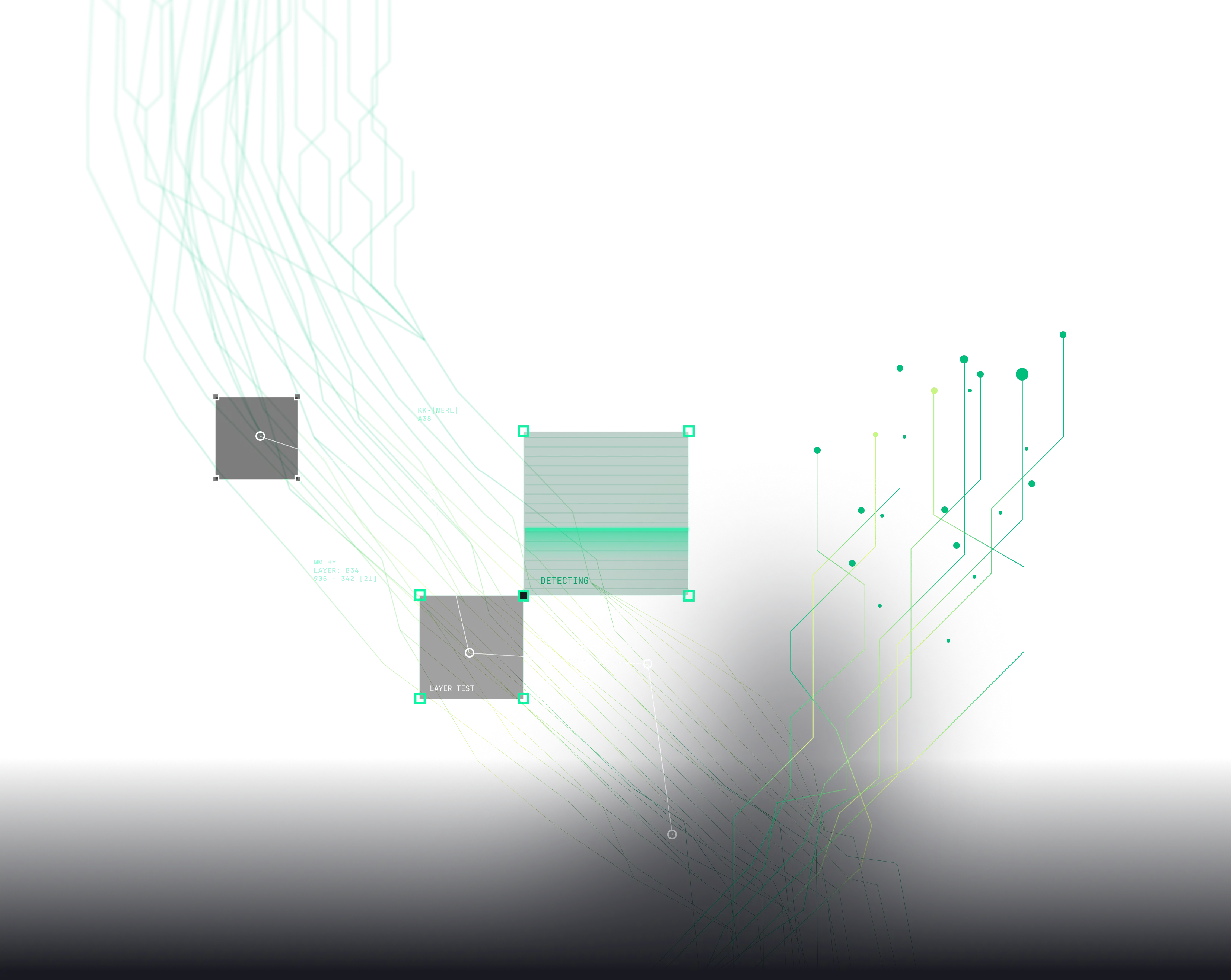 Abstract digital art with interconnected green and yellow circuit-like lines and squares on a black background.