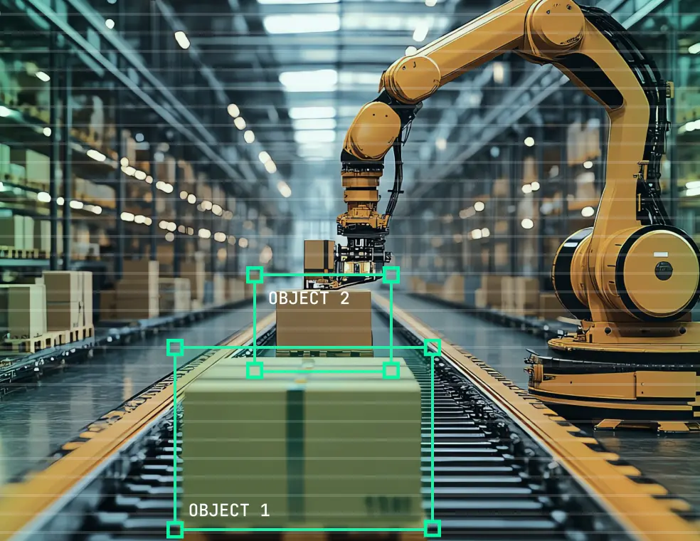 Industrial robotic arm placing a box labeled OBJECT 2 on a conveyor belt, with another box labeled OBJECT 1 on the belt in a warehouse setting.